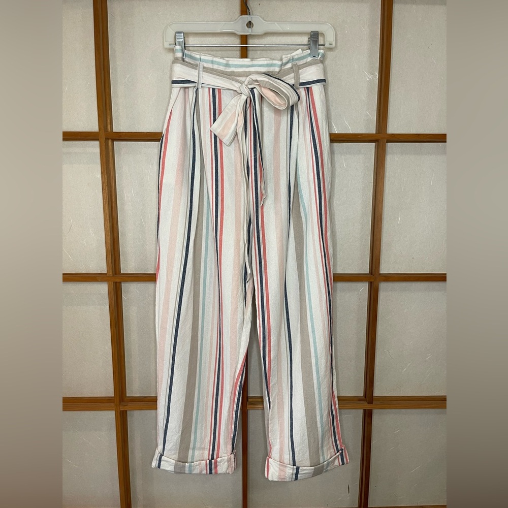Forever 21 Striped Multi-Color Cotton and Linen Paper Bag Women's Pants
